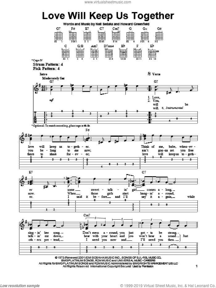 Love Will Keep Us Together sheet music for guitar solo (easy tablature) by The Captain & Tennille, Captain & Tennille, Howard Greenfield and Neil Sedaka, easy guitar (easy tablature)