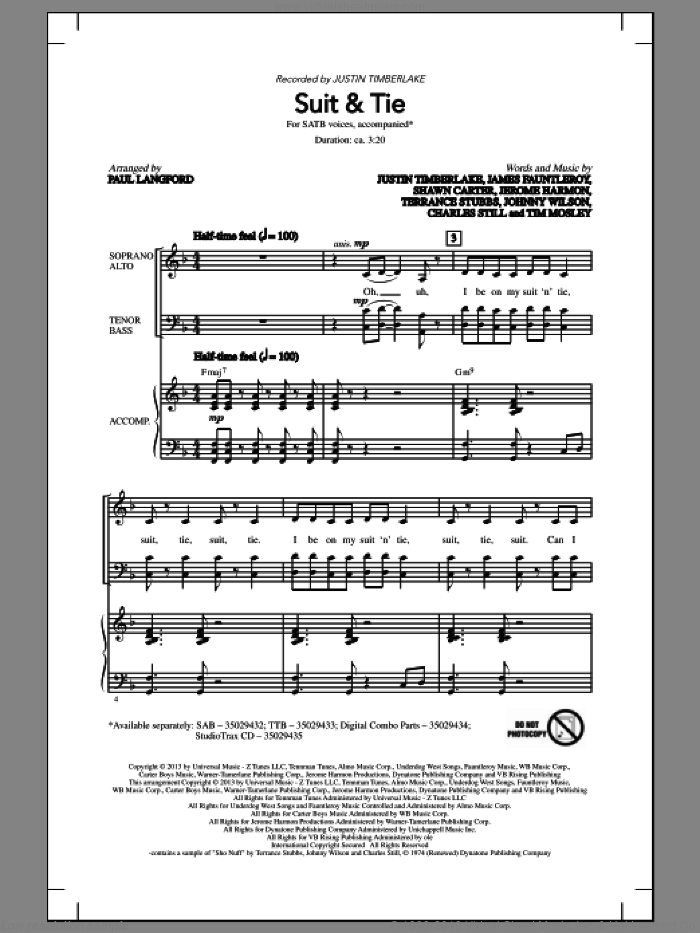 Suit and Tie sheet music for choir (SATB: soprano, alto, tenor, bass) by Justin Timberlake and Paul Langford, intermediate skill level
