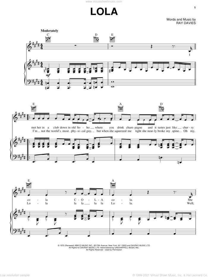 Lola sheet music for voice, piano or guitar by The Kinks, intermediate skill level