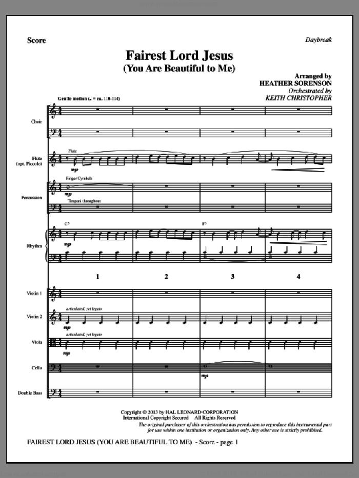 Fairest Lord Jesus (You Are Beautiful to Me) (COMPLETE) sheet music for orchestra/band by Heather Sorenson, intermediate skill level