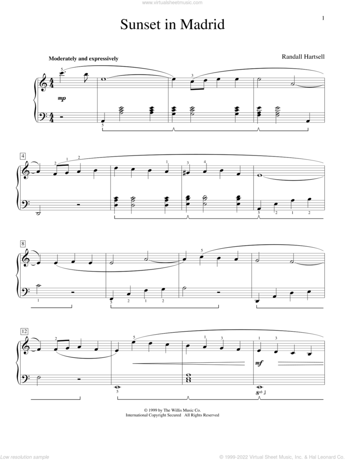 Sunset In Madrid sheet music for piano solo (elementary) by Randall Hartsell, classical score, beginner piano (elementary)