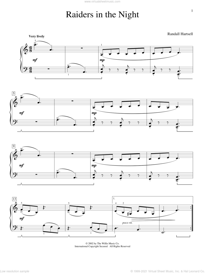 Raiders In The Night sheet music for piano solo (elementary) by Randall Hartsell, classical score, beginner piano (elementary)