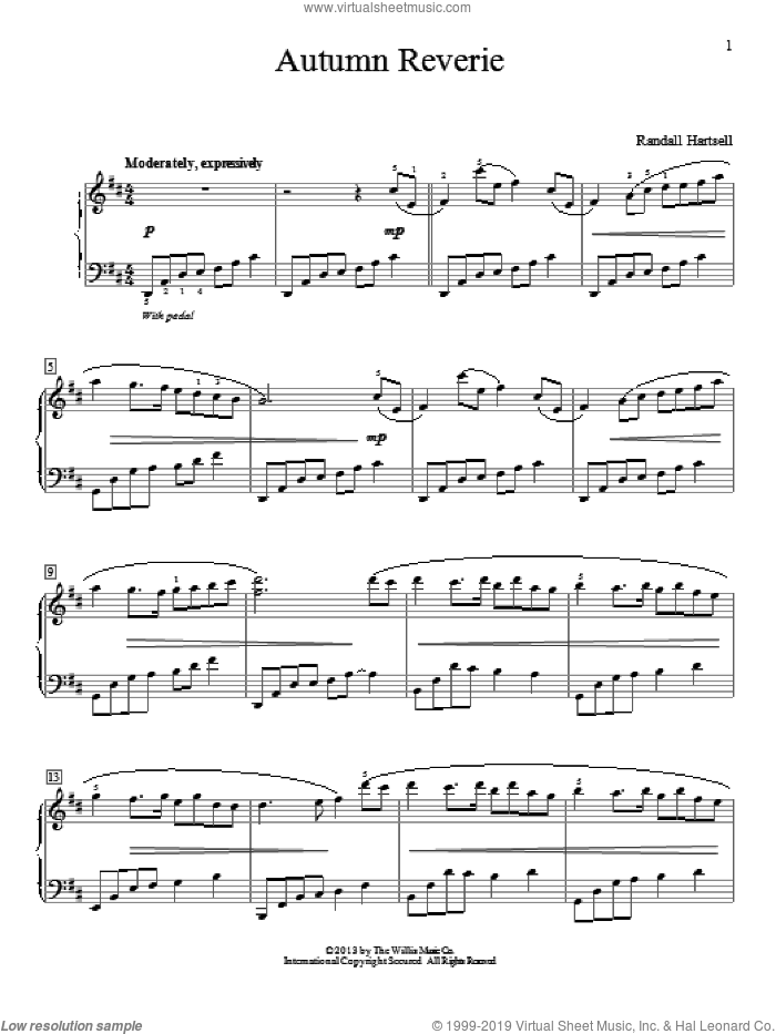 Autumn Reverie sheet music for piano solo (elementary) by Randall Hartsell, classical score, beginner piano (elementary)