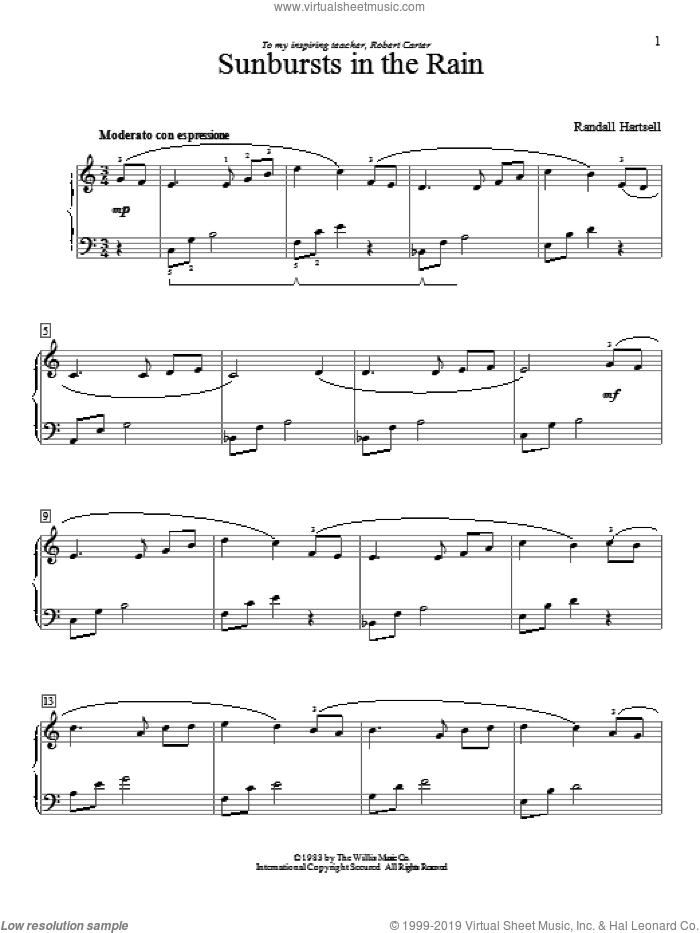 Sunbursts In The Rain sheet music for piano solo (elementary) by Randall Hartsell, classical score, beginner piano (elementary)