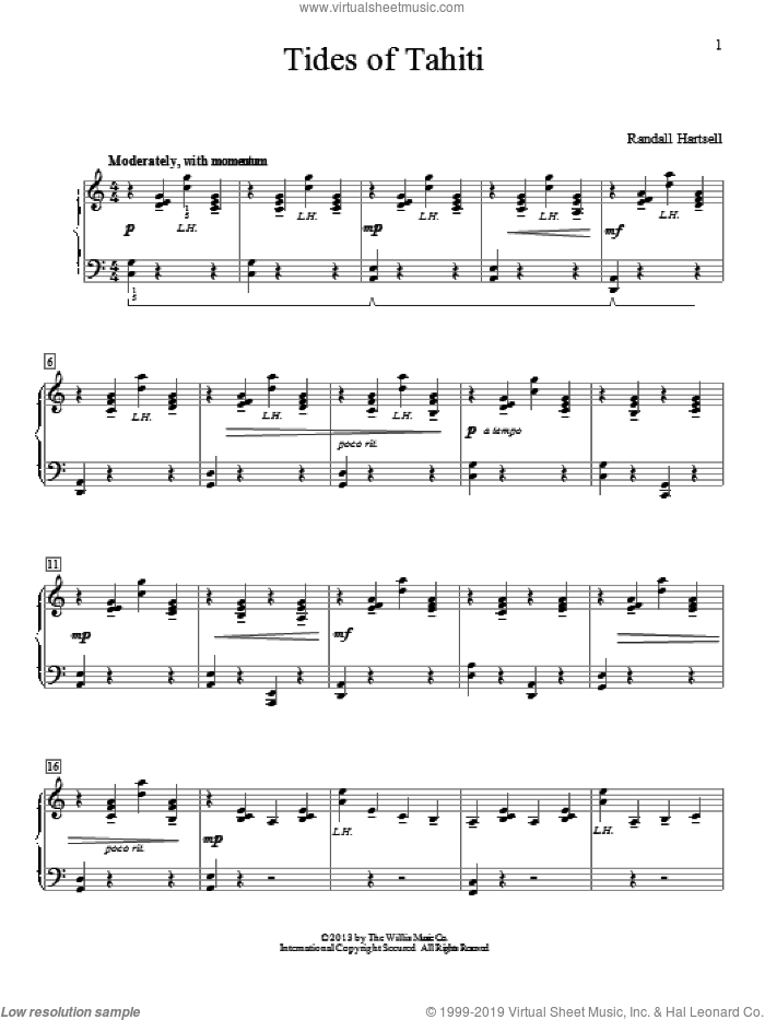 Tides Of Tahiti sheet music for piano solo (elementary) by Randall Hartsell, classical score, beginner piano (elementary)