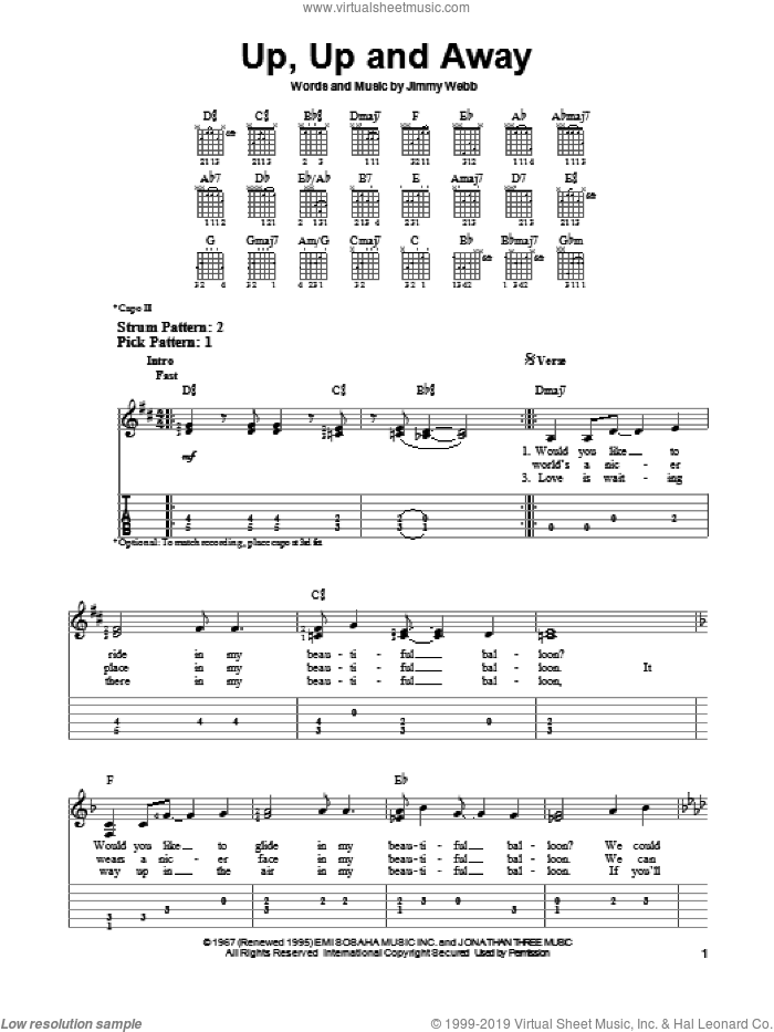 Up, Up And Away sheet music for guitar solo (easy tablature) by The Fifth Dimension, easy guitar (easy tablature)