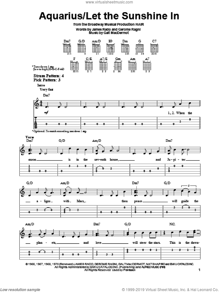 Aquarius sheet music for guitar solo (easy tablature) by The Fifth Dimension, easy guitar (easy tablature)