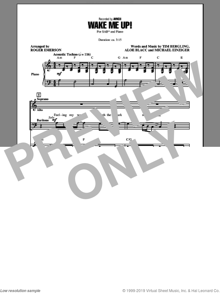Wake Me Up! sheet music for choir (SAB: soprano, alto, bass) by Roger Emerson and Avicii, intermediate skill level