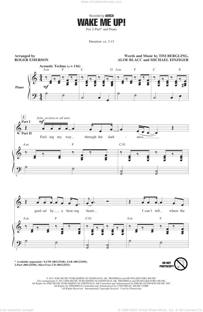 Wake Me Up! sheet music for choir (2-Part) by Roger Emerson and Avicii, intermediate duet