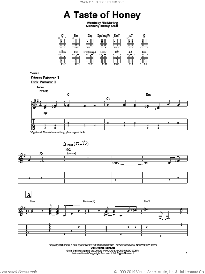 A Taste Of Honey sheet music for guitar solo (easy tablature) by The Beatles, easy guitar (easy tablature)