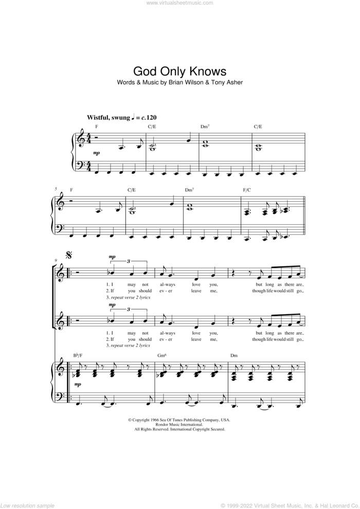 God Only Knows sheet music for choir (2-Part) by Brian Wilson, Jonathan Wikeley, The Beach Boys and Tony Asher, intermediate duet