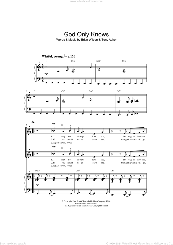 God Only Knows sheet music for choir (2-Part) by Brian Wilson, Jonathan Wikeley, The Beach Boys and Tony Asher, intermediate duet