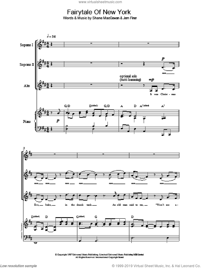 Fairytale Of New York sheet music for choir (SSA: soprano, alto) by The Pogues featuring Kirsty MacColl, Jem Finer and Shane MacGowan, intermediate skill level