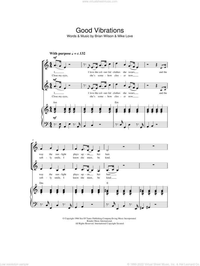 Good Vibrations sheet music for choir by The Beach Boys, Brian Wilson and Mike Love, intermediate skill level