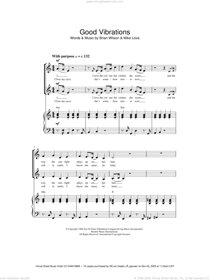 Good Vibrations sheet music for choir by The Beach Boys, Brian Wilson and Mike Love, intermediate skill level