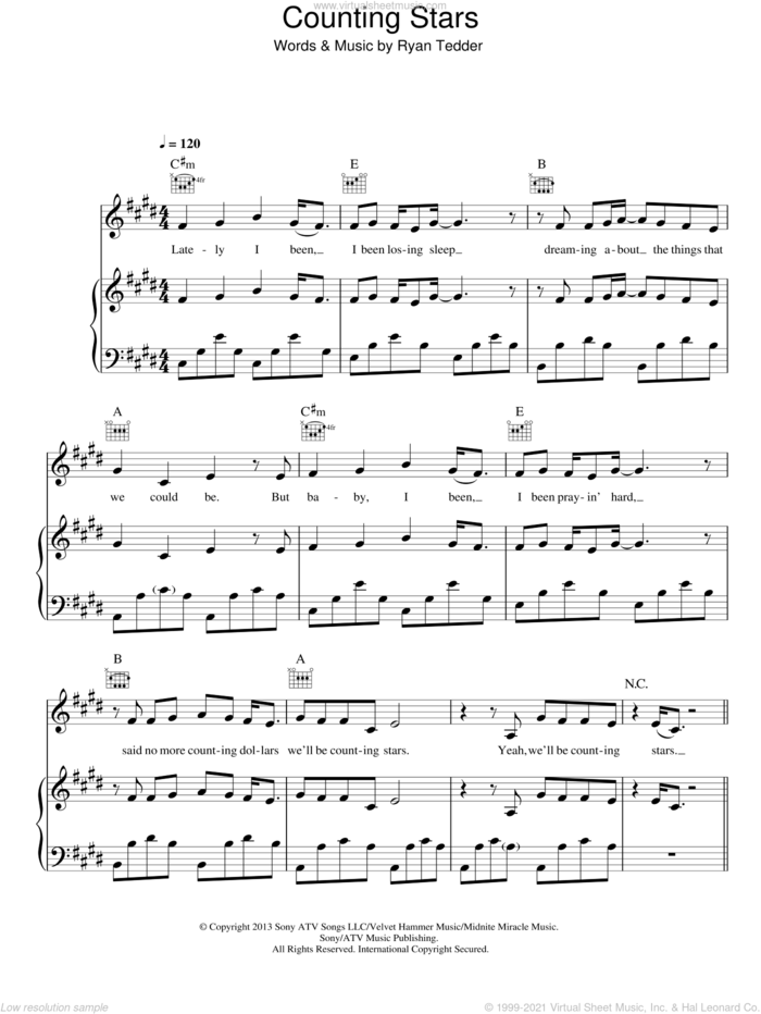 Counting Stars sheet music for voice, piano or guitar by OneRepublic and Ryan Tedder, intermediate skill level