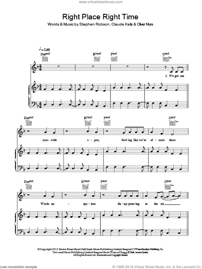 Right Place Right Time sheet music for voice, piano or guitar by Olly Murs, Claude Kelly, Oliver Murs and Steve Robson, intermediate skill level