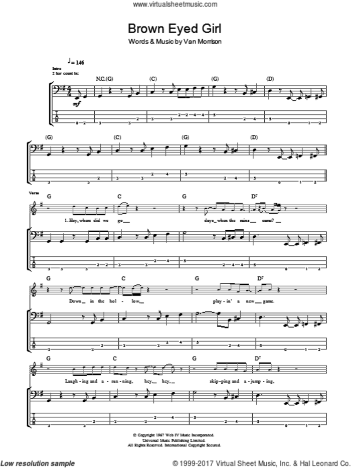 Brown Eyed Girl sheet music for bass (tablature) (bass guitar) by Van Morrison, intermediate skill level
