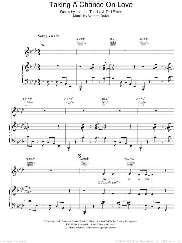 Taking A Chance On Love sheet music for voice, piano or guitar by Jane Monheit, John Latouche, Ted Fetter and Vernon Duke, intermediate skill level