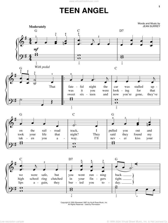 Teen Angel sheet music for piano solo by Mark Dinning and Jean Surrey, easy skill level