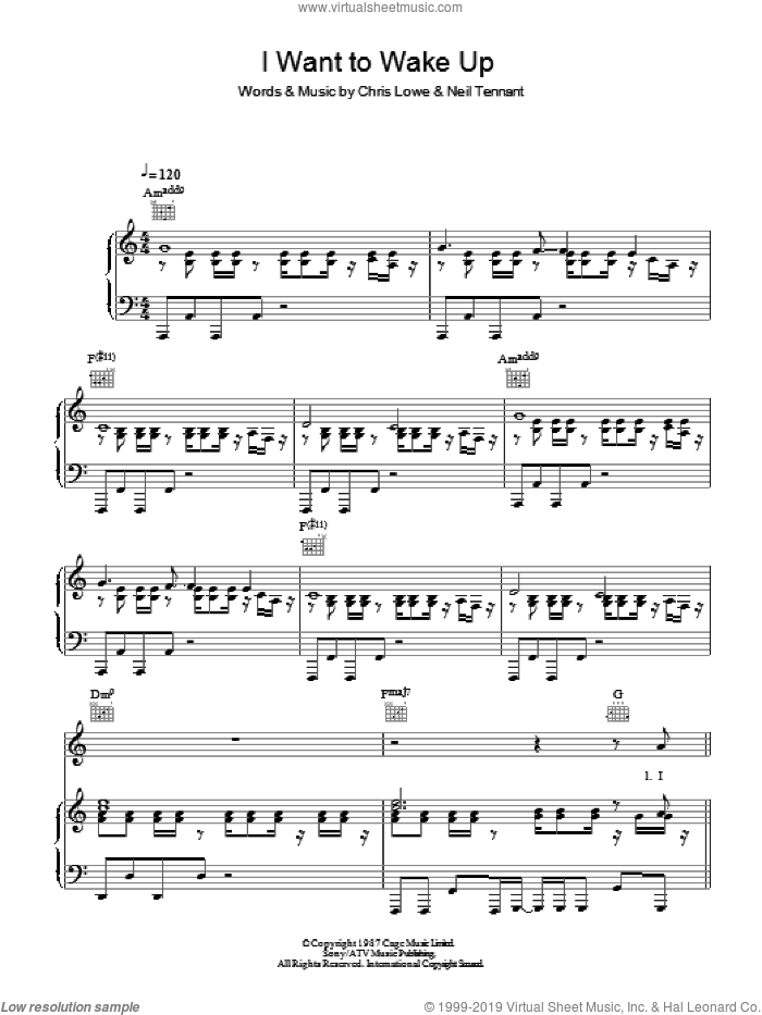 I Want To Wake Up sheet music for voice, piano or guitar by Pet Shop Boys, Chris Lowe and Neil Tennant, intermediate skill level