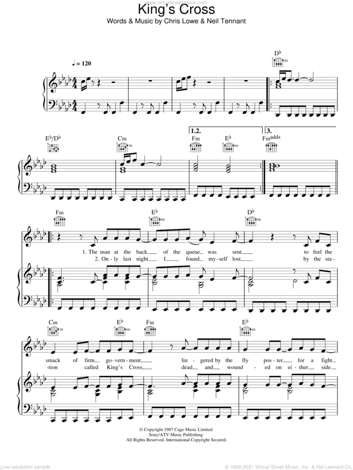 Kings Cross sheet music for voice, piano or guitar by Pet Shop Boys, Chris Lowe and Neil Tennant, intermediate skill level
