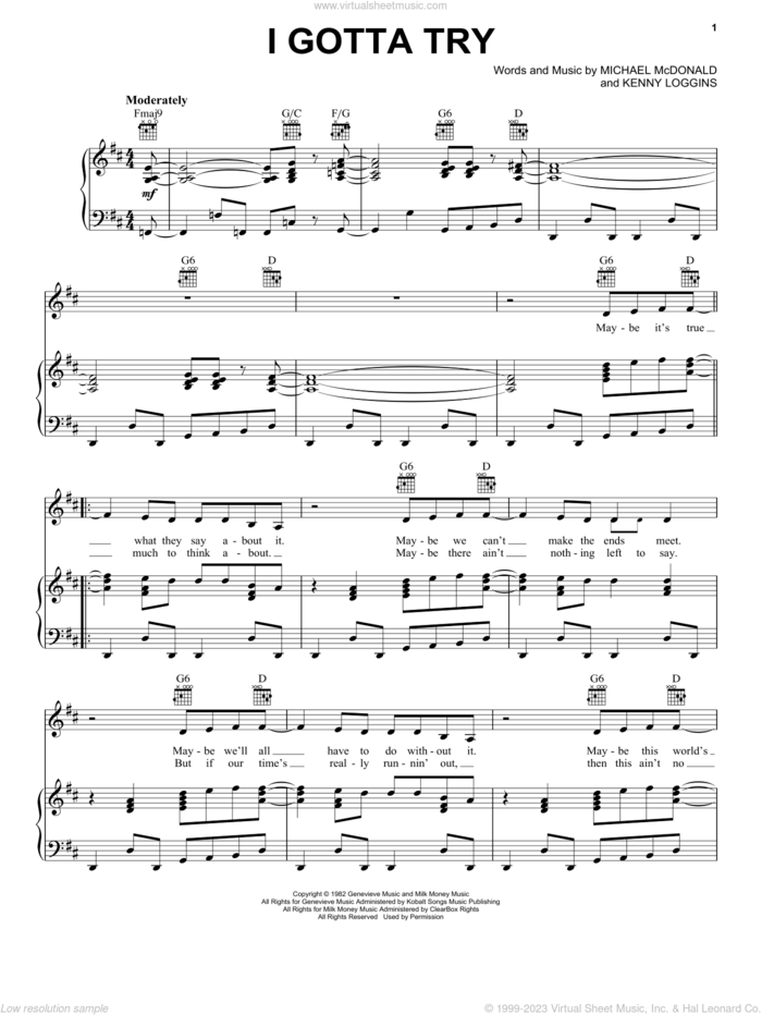I Gotta Try sheet music for voice, piano or guitar by Michael McDonald and Kenny Loggins, intermediate skill level