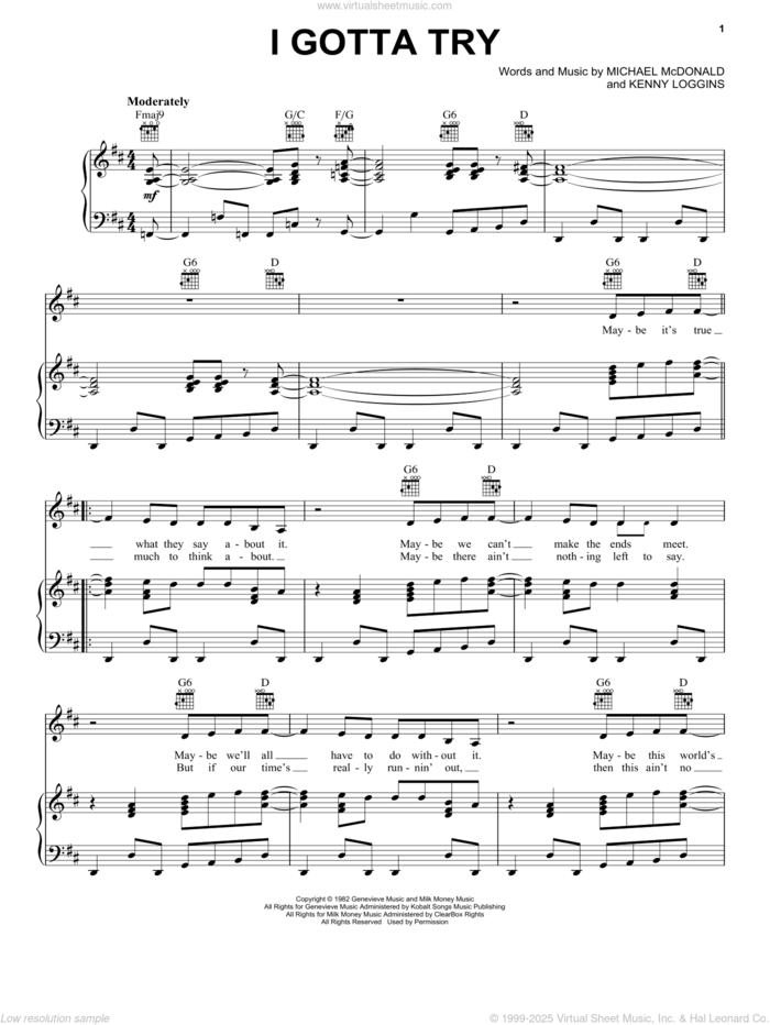 I Gotta Try sheet music for voice, piano or guitar by Michael McDonald and Kenny Loggins, intermediate skill level