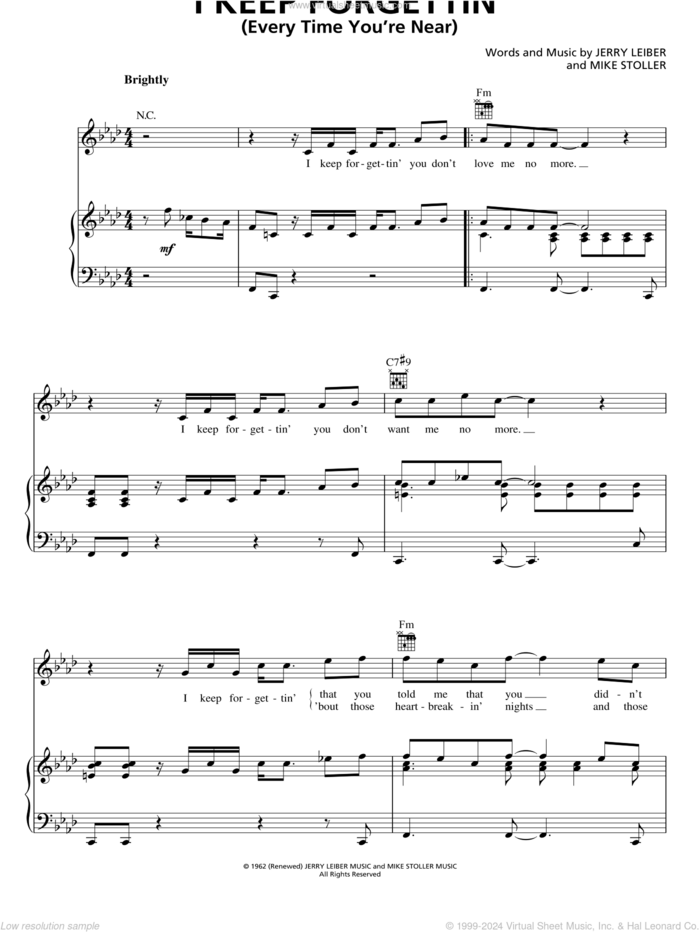 I Keep Forgettin' (Every Time You're Near) sheet music for voice, piano or guitar by Leiber & Stoller, Jerry Leiber and Mike Stoller, intermediate skill level