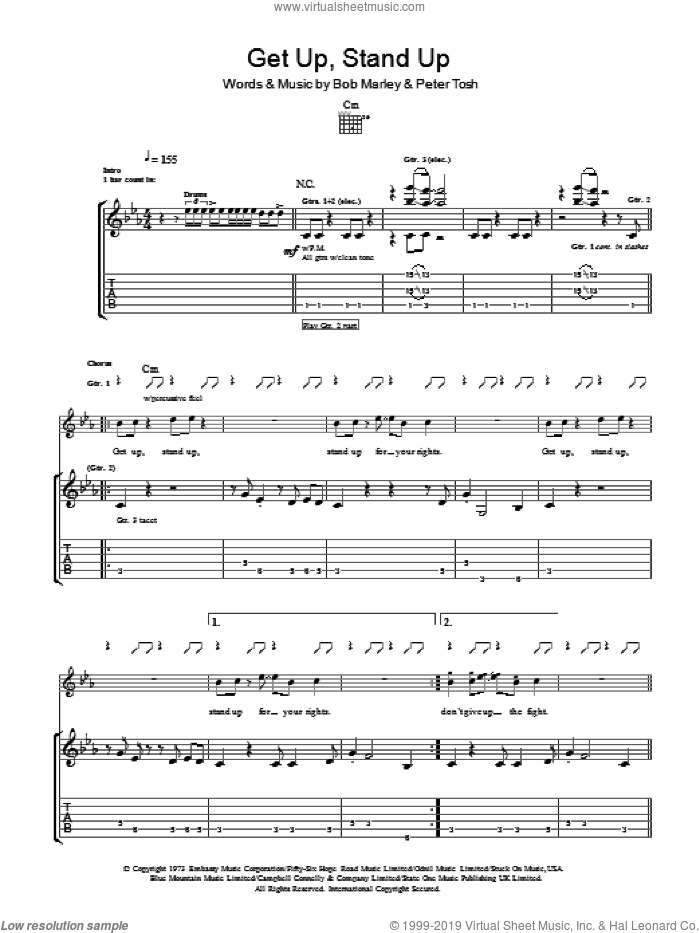Get Up, Stand Up sheet music for guitar (tablature) by Bob Marley and Peter Tosh, intermediate skill level