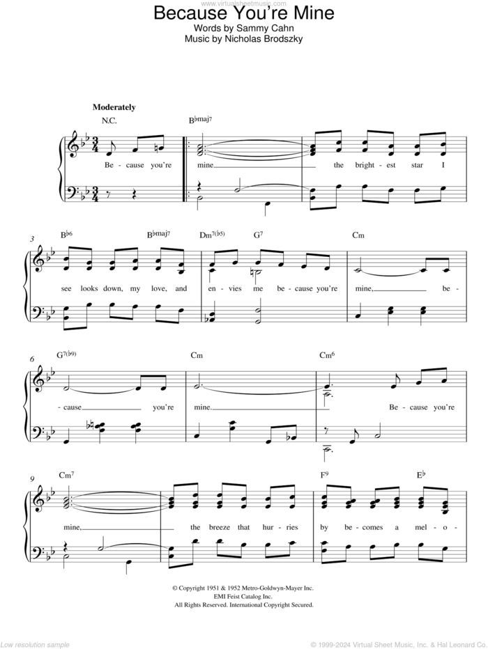 Because You're Mine sheet music for piano solo by Sammy Cahn and Nicholas Brodszky, easy skill level