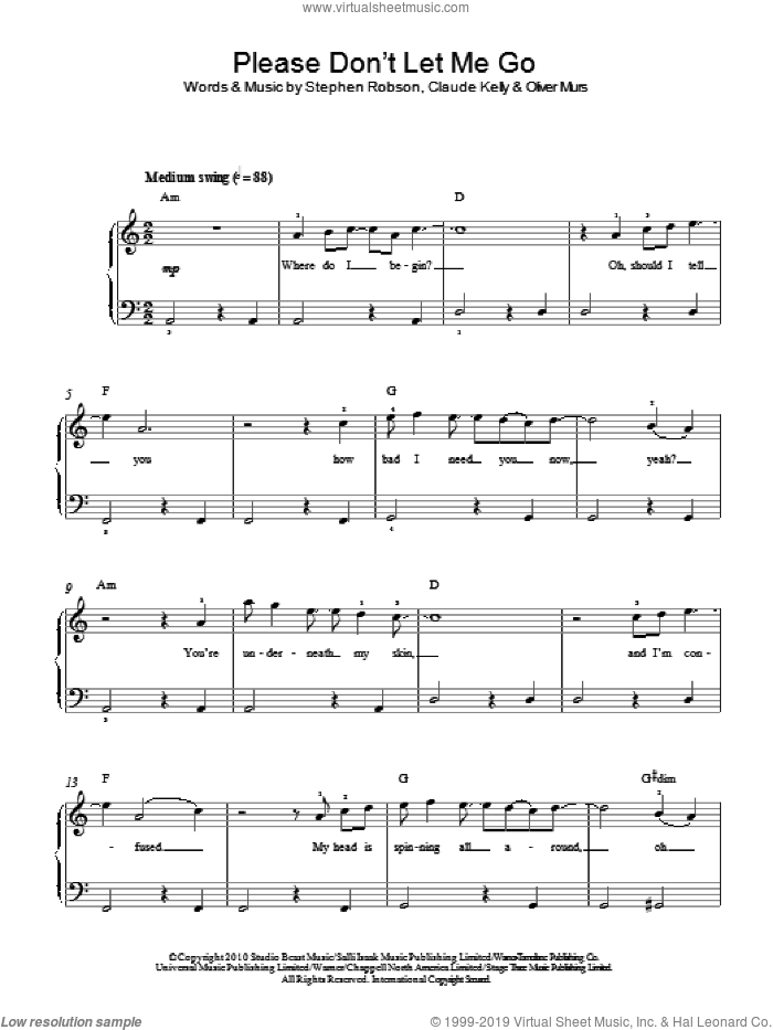 Please Don't Let Me Go sheet music for piano solo by Olly Murs, Claude Kelly, Oliver Murs and Steve Robson, easy skill level