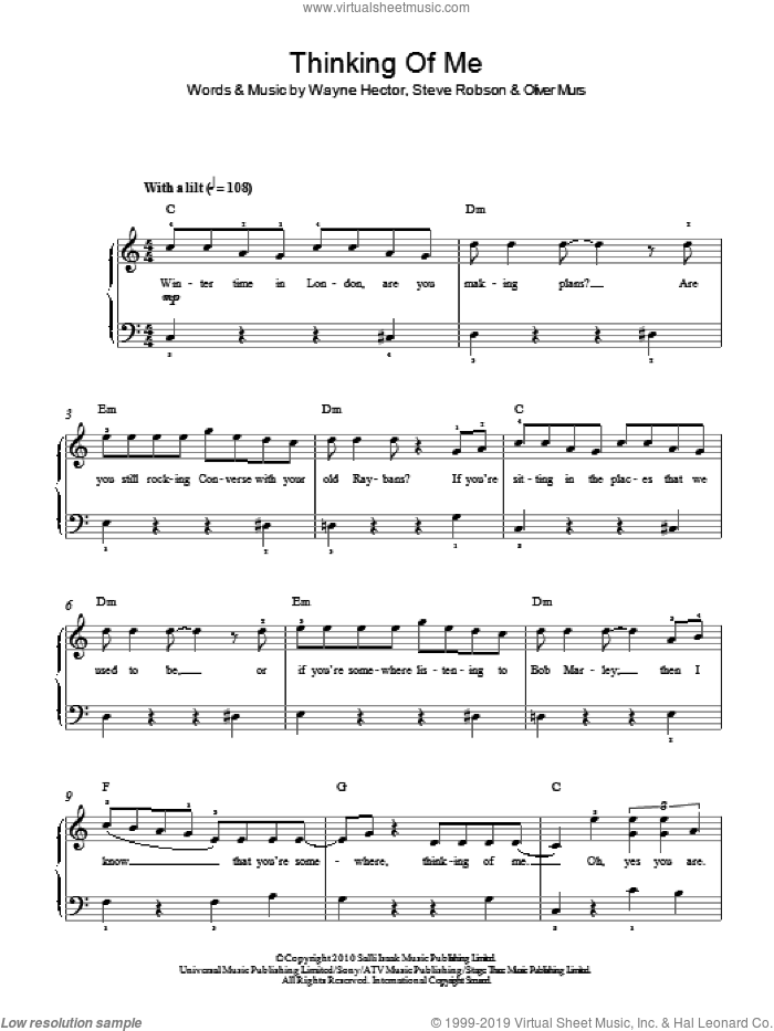 Thinking Of Me sheet music for piano solo by Olly Murs, Oliver Murs, Steve Robson and Wayne Hector, easy skill level