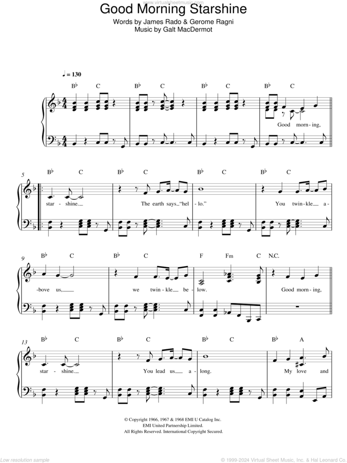 Good Morning Starshine sheet music for piano solo by Galt MacDermot, Gerome Ragni and James Rado, easy skill level