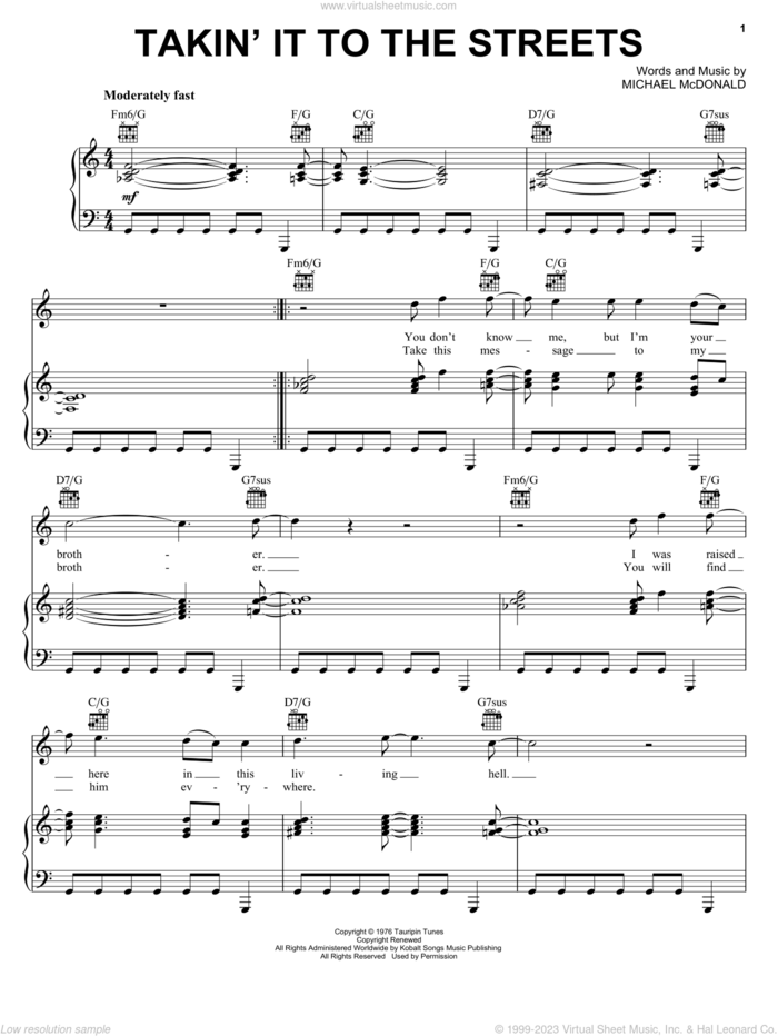 Takin' It To The Streets sheet music for voice, piano or guitar by The Doobie Brothers and Michael McDonald, intermediate skill level