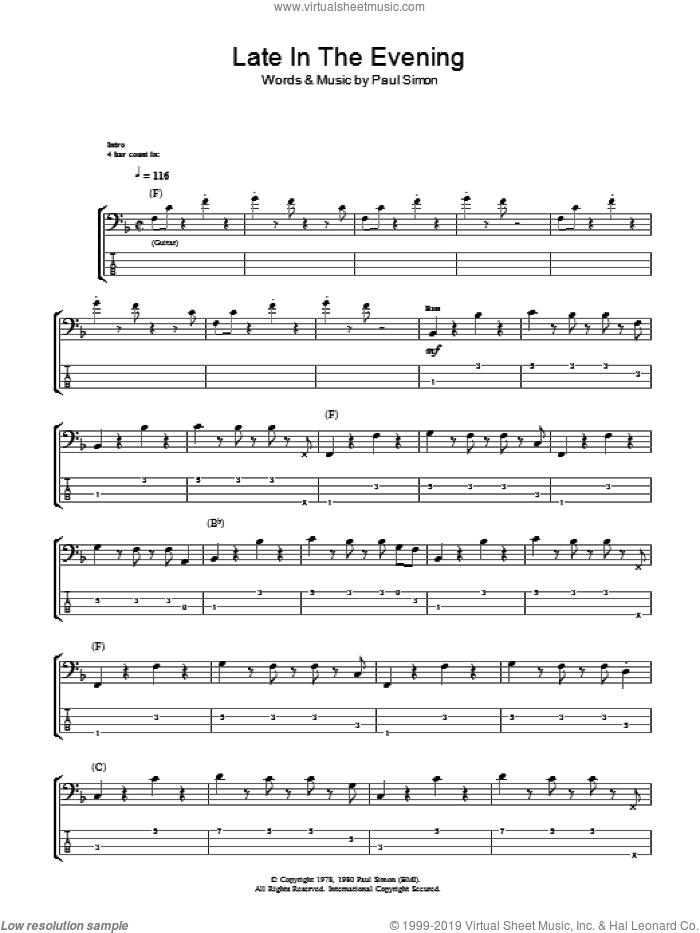 Late In The Evening sheet music for bass (tablature) (bass guitar) by Paul Simon, intermediate skill level