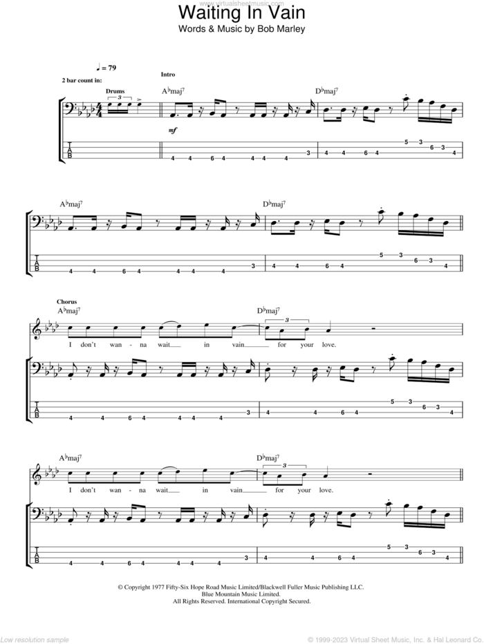 Waiting In Vain sheet music for bass (tablature) (bass guitar) by Bob Marley, intermediate skill level