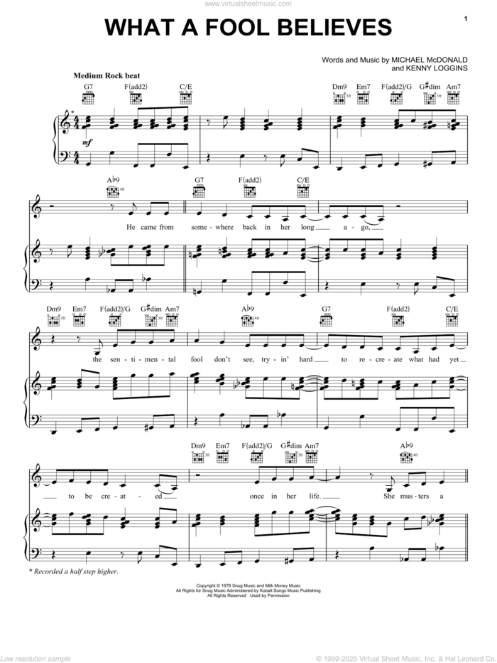 What A Fool Believes sheet music for voice, piano or guitar by Michael McDonald, The Doobie Brothers and Kenny Loggins, intermediate skill level