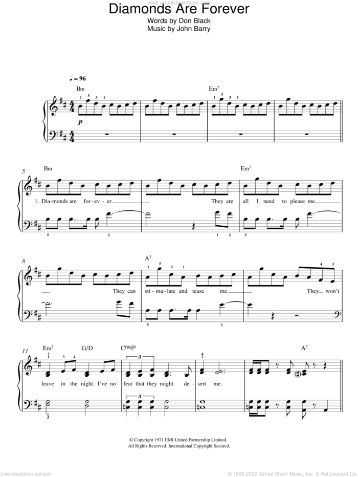 Diamonds Are Forever sheet music for piano solo by Shirley Bassey, Don Black and John Barry, easy skill level