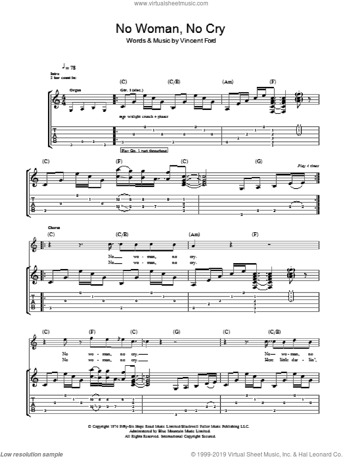 No Woman, No Cry sheet music for guitar (tablature) by Bob Marley and Vincent Ford, intermediate skill level