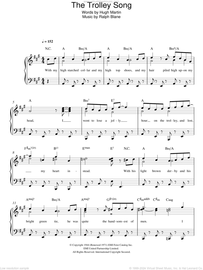 The Trolley Song (from 'Meet Me In St. Louis') sheet music for piano solo by Judy Garland, Hugh Martin and Ralph Blane, easy skill level