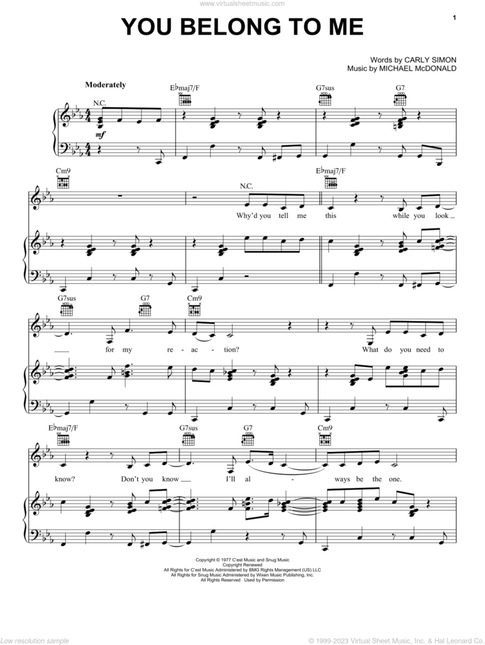You Belong To Me sheet music for voice, piano or guitar by Carly Simon, The Doobie Brothers and Michael McDonald, intermediate skill level
