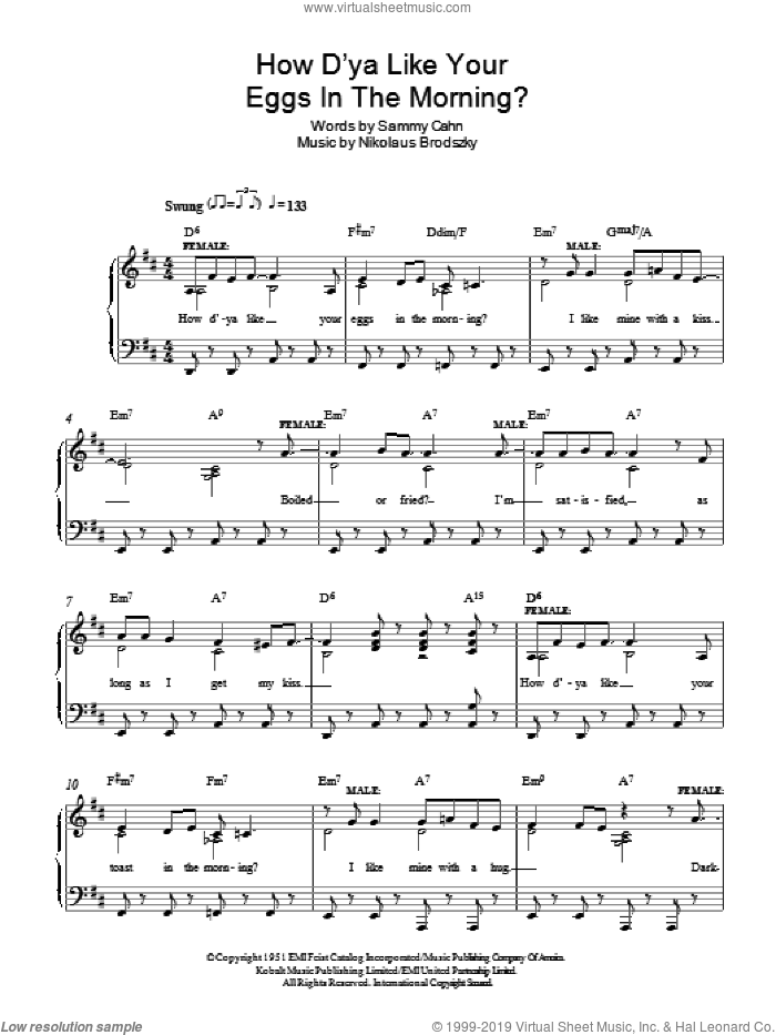 How D'ya Like Your Eggs In The Morning? sheet music for piano solo by Sammy Cahn and Nicholas Brodszky, easy skill level