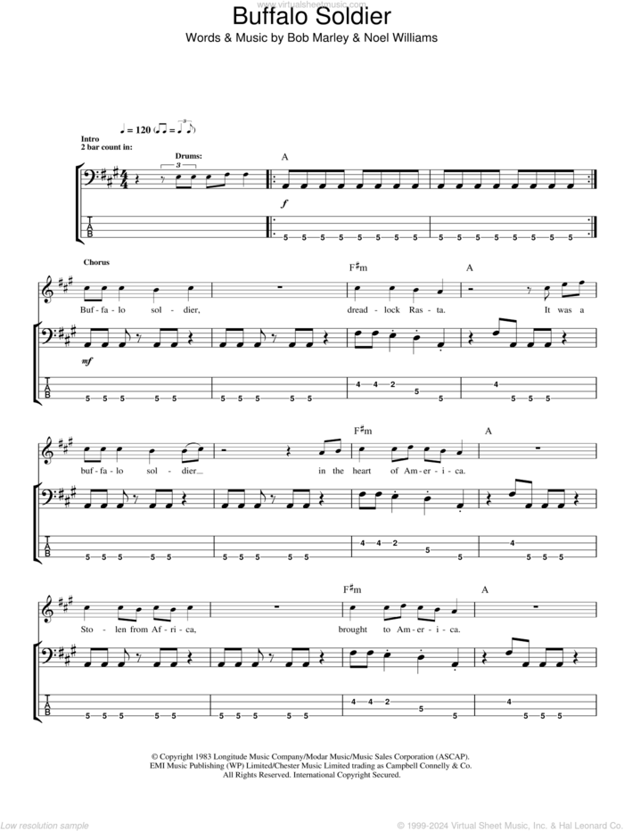 Buffalo Soldier sheet music for bass (tablature) (bass guitar) by Bob Marley and Noel Williams, intermediate skill level