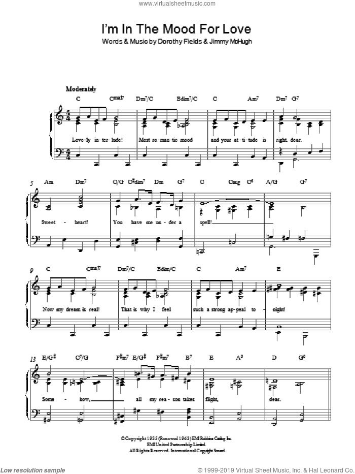 I'm In The Mood For Love sheet music for piano solo by Dorothy Fields and Jimmy McHugh, easy skill level
