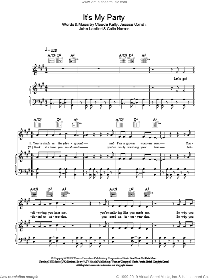 It's My Party sheet music for voice, piano or guitar by Jessie J, Claude Kelly, Colin Norman, Jessica Cornish and John Lardieri, intermediate skill level