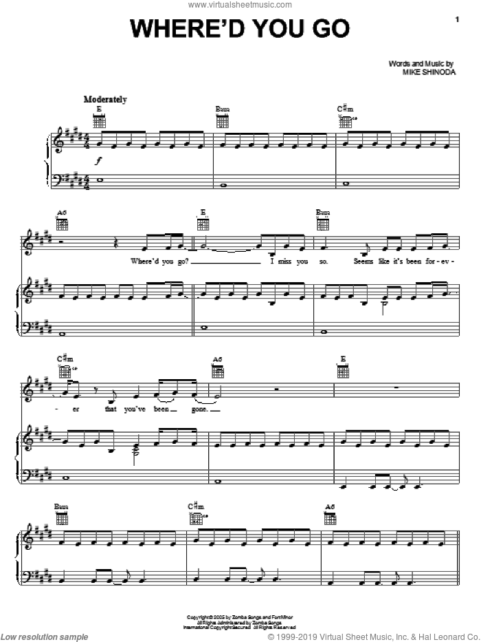 Where'd You Go sheet music for voice, piano or guitar by Fort Minor, Fort Minor featuring Holly Brook & Jonah Matranga and Mike Shinoda, intermediate skill level