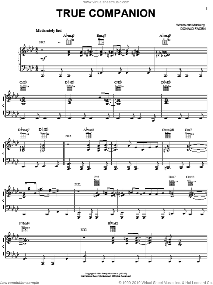 True Companion sheet music for voice, piano or guitar by Steely Dan and Donald Fagen, intermediate skill level