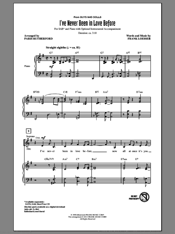 I've Never Been In Love Before sheet music for choir (SAB: soprano, alto, bass) by Frank Loesser and Paris Rutherford, classical score, intermediate skill level