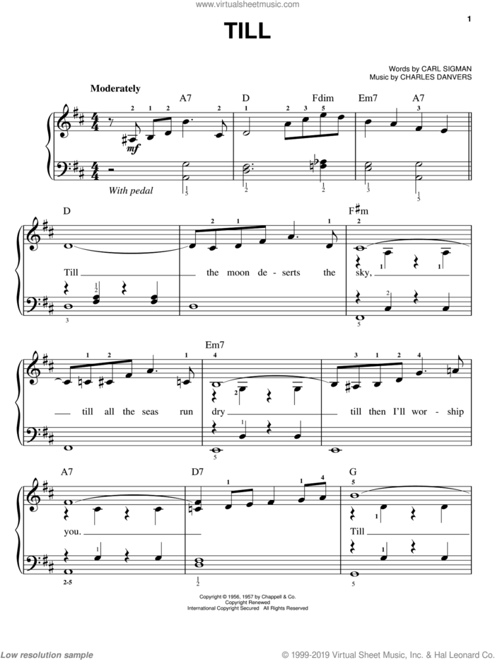 Till sheet music for piano solo by Carl Sigman and Charles Danvers, wedding score, easy skill level